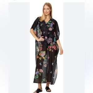 JOHNNY WAS BLACK BUTTERFLY COLLARED KAFTAN/ BEACH COVER UP